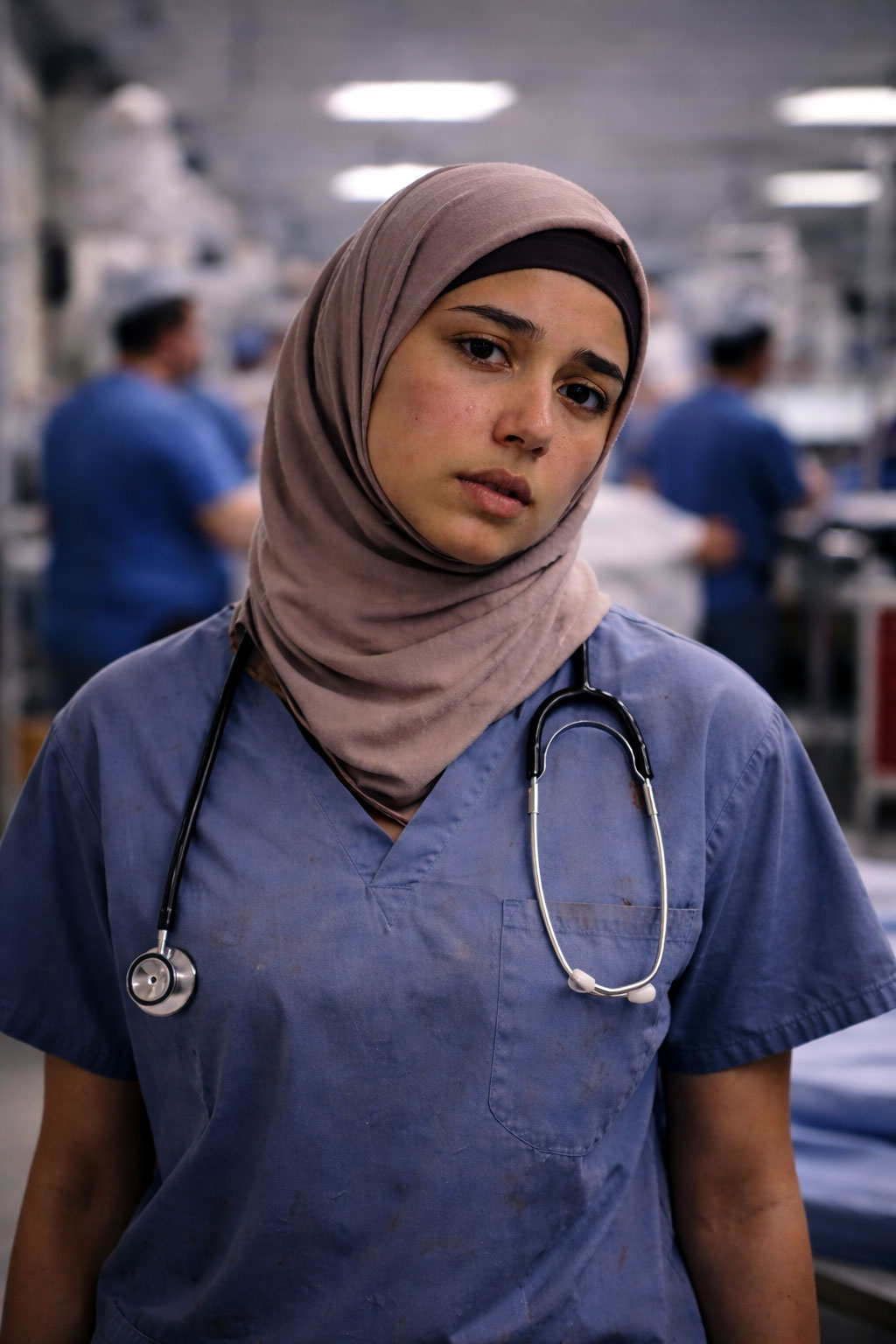An exhausted-looking trauma nurse who is wearing a headscarf is photographed in a busy hospital