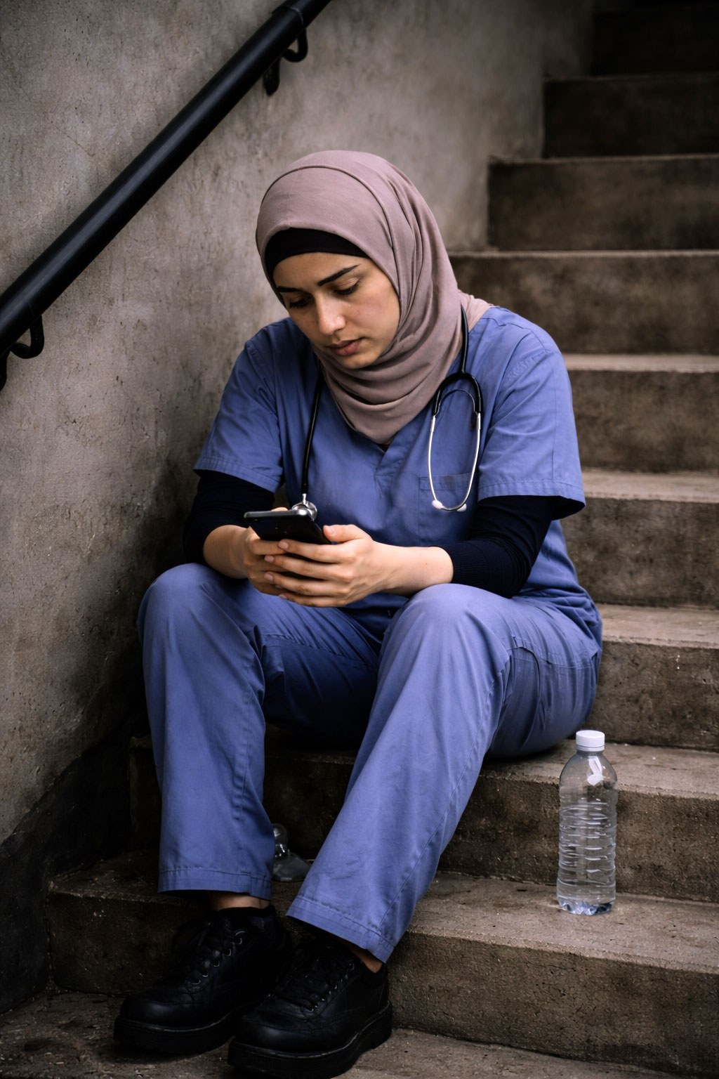 A trauma nurse wearing a headscarf finds a stairwell to sit and quietly scroll through her phone