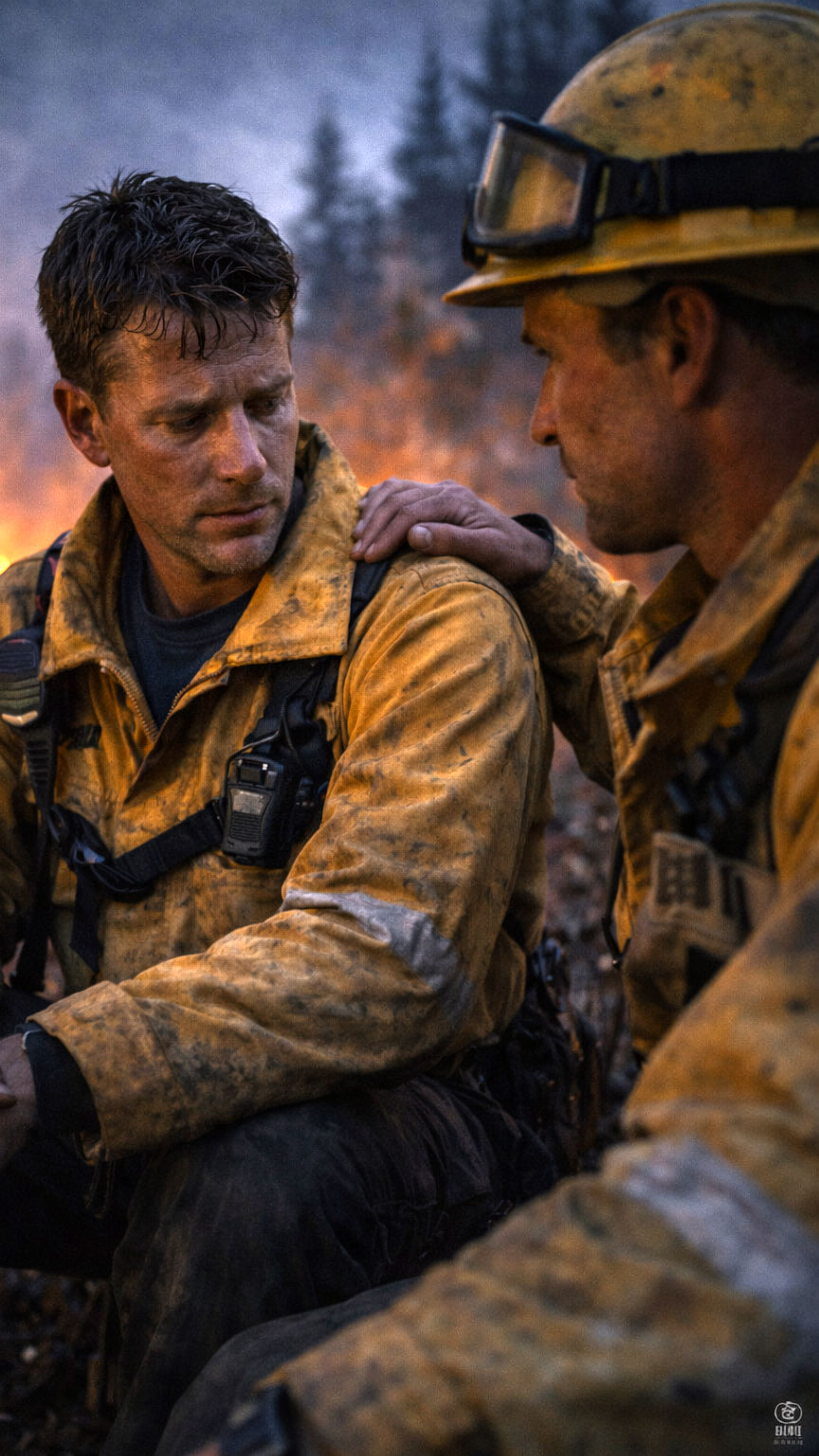 Two wildfire fighters rest while fighting an active blaze. One comforts the other by putting a gloved hand on his shoulder