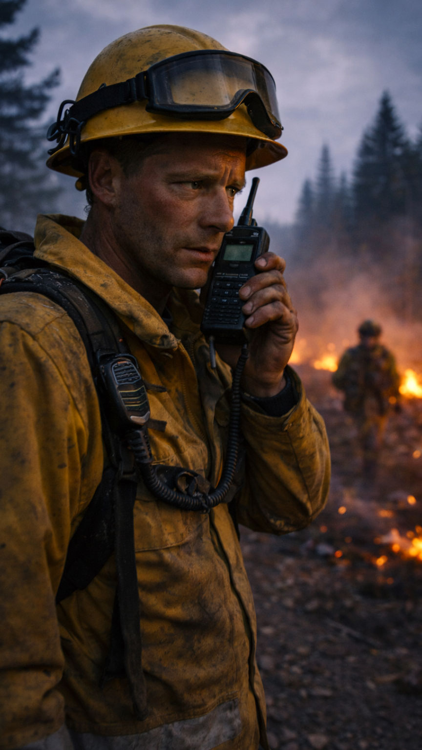 A wildfire fighter talks into a walkie-talkie while he and his colleagues combat an active blaze