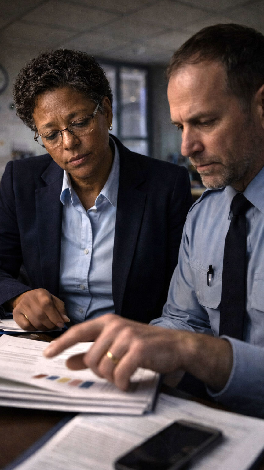 Two public health officials examine documents together