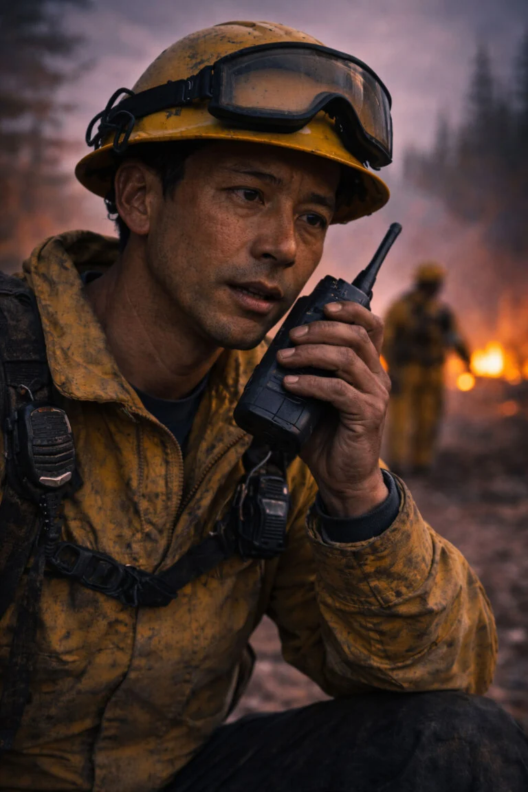 Un pompier parle dans une radio portative sur une ligne de feu enfumée, concentré pendant une intervention en cours.
