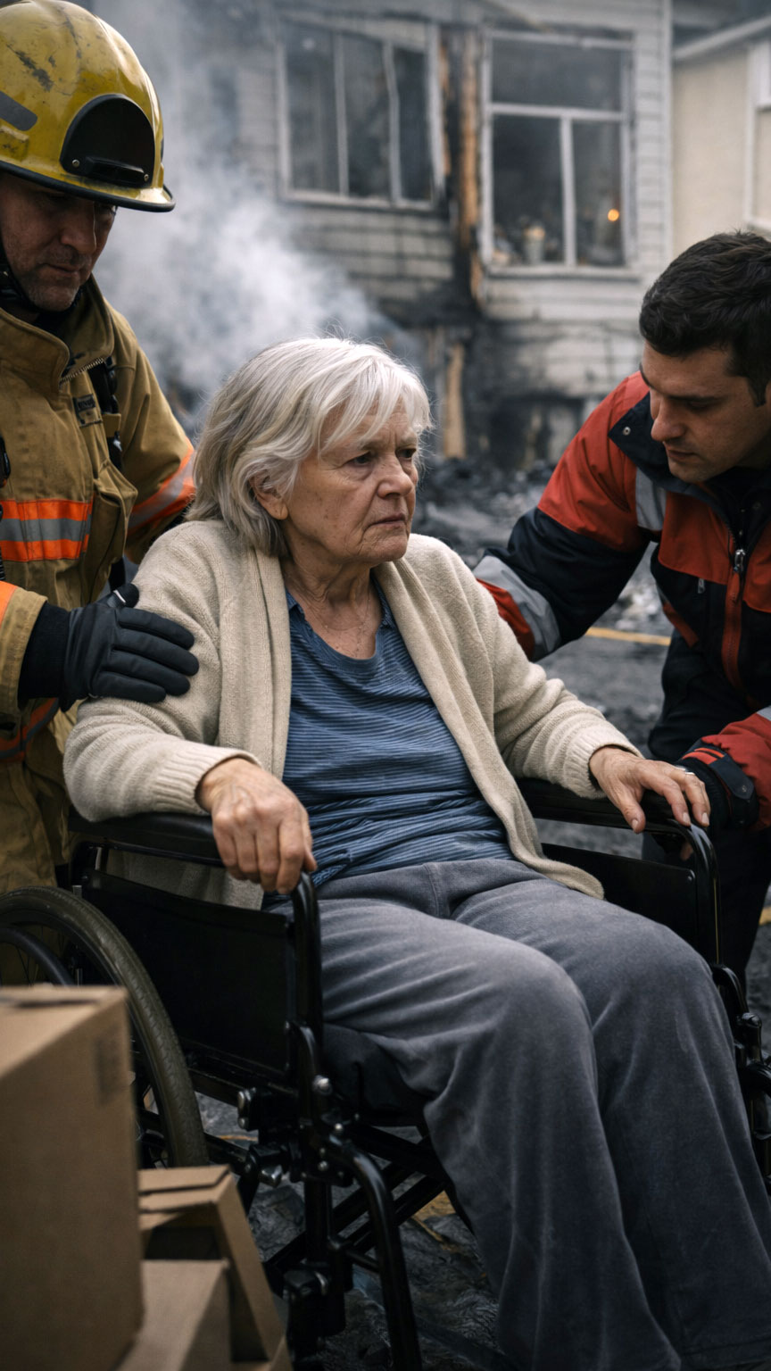 An elderly woman in a wheelchair is assisted by a firefighter and paramedic