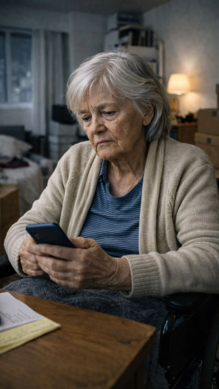 An elderly woman in a wheelchair looks intently at the smartphone she is holding