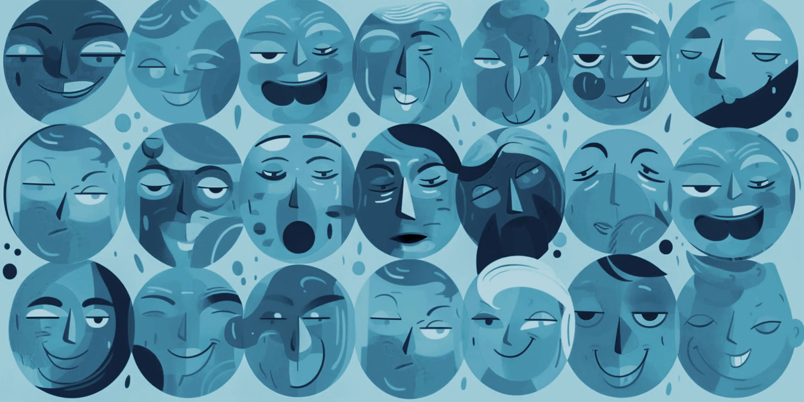 A series of blue-toned faces with various expressions, ranging from happy to sad to neutral. The faces are arranged in a grid pattern, showcasing a wide range of emotions and moods