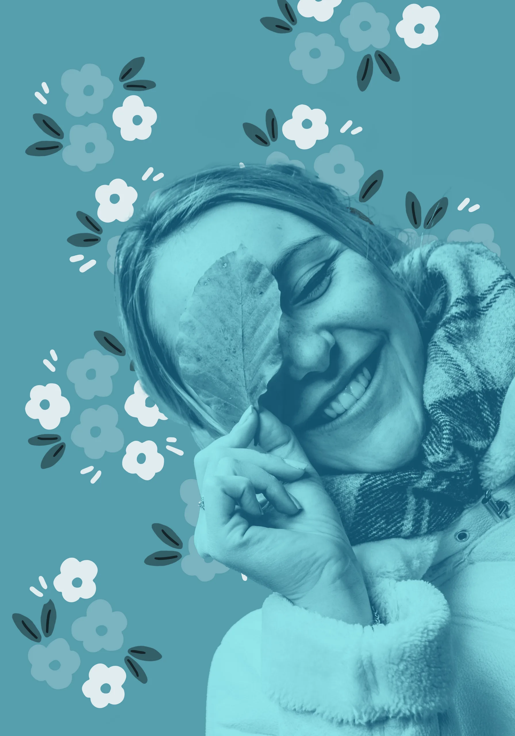 A photograph of a woman smiling and holding a leaf over one eye, with a teal background decorated with small flowers. The image conveys a sense of joy and connection with nature