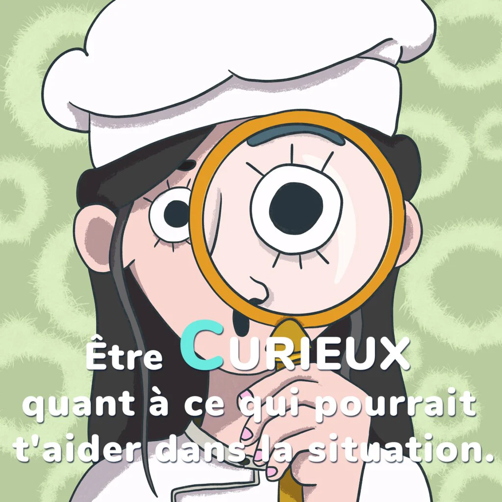Illustration d’une personne regardant à travers une loupe, avec un message sur le fait d’être curieux quant à ce qui pourrait aider dans la situation