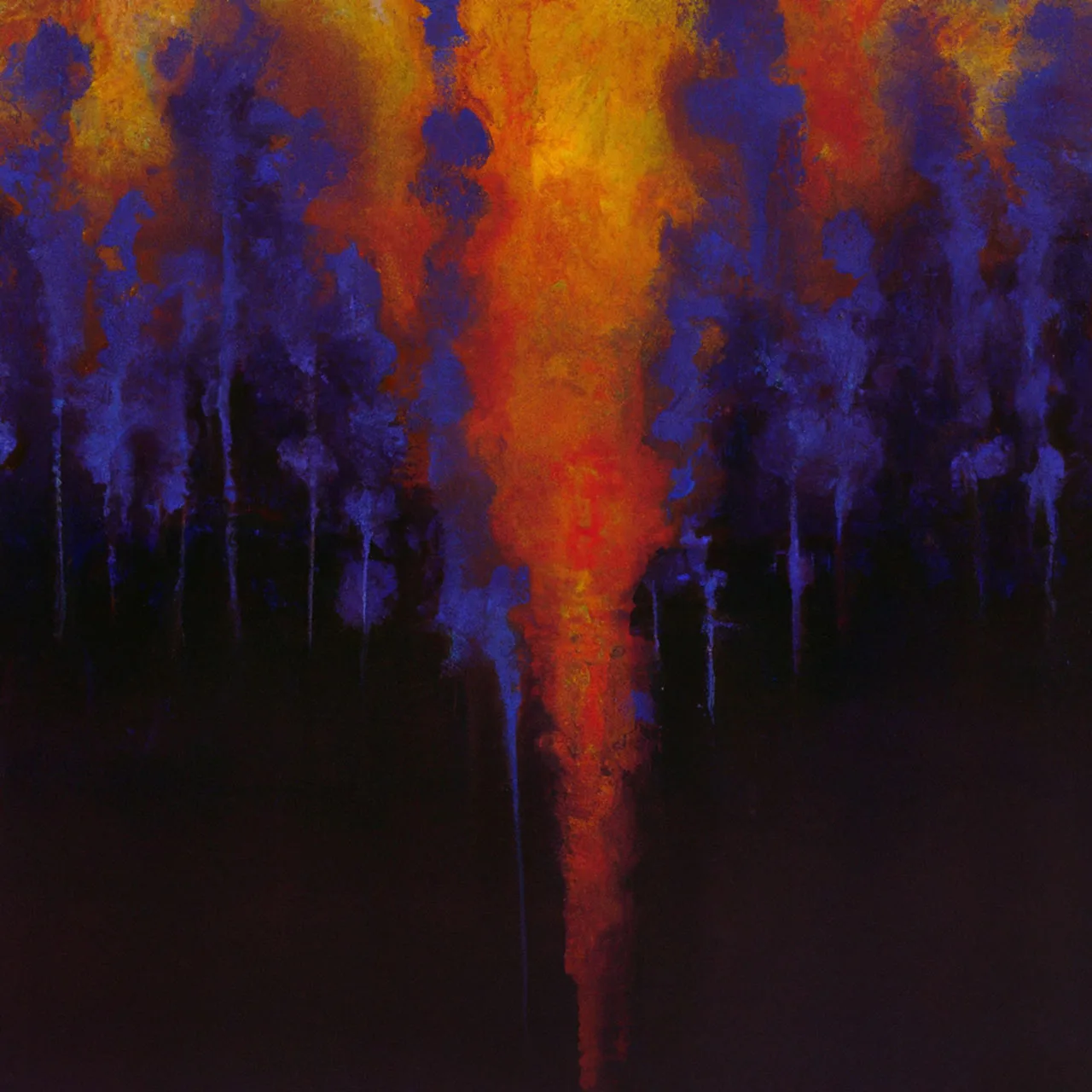 An abstract painting with deep blues and purples, featuring a central vertical area of bright orange and red. The colours and shapes create a dramatic and intense composition, reminiscent of a burning flame or a sunset