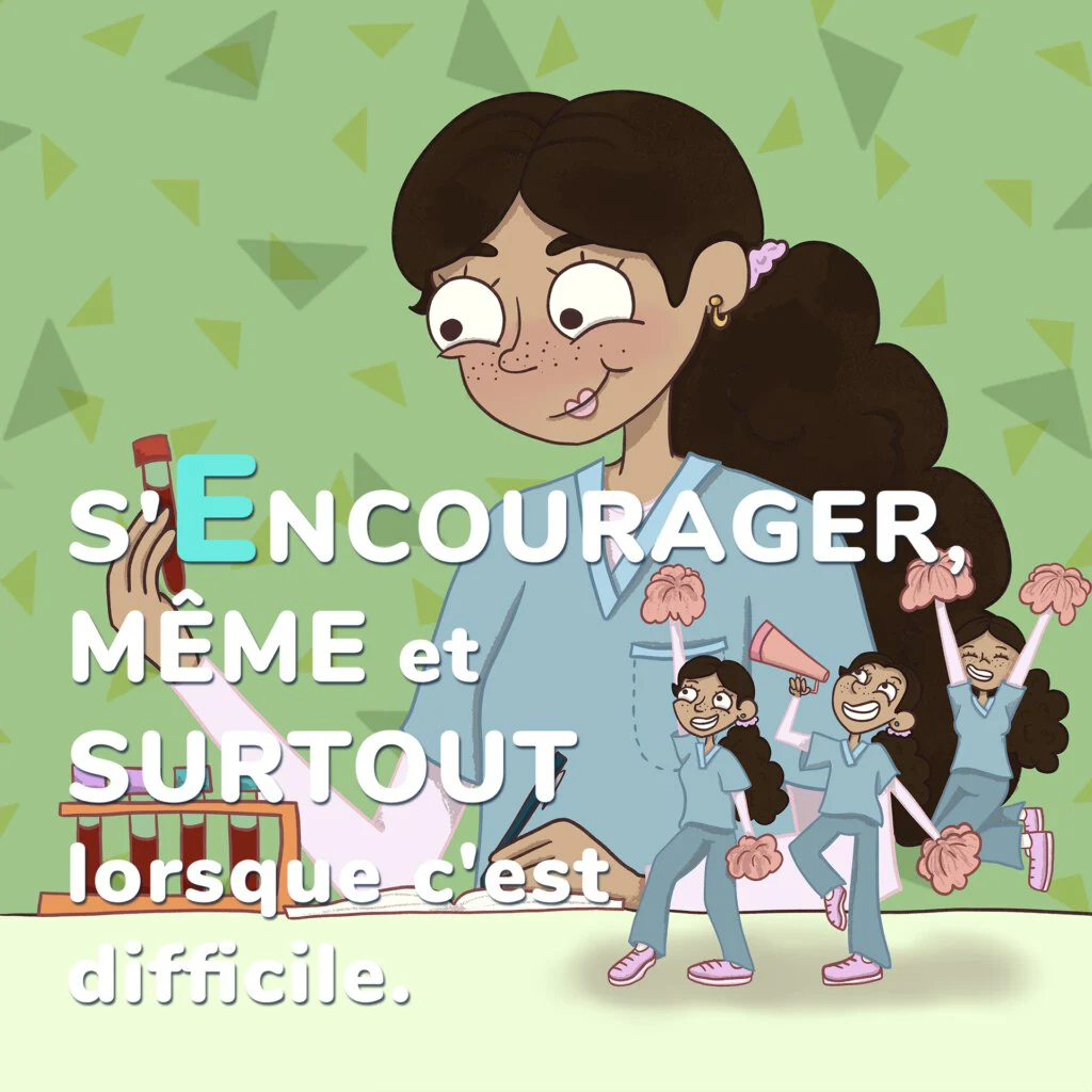 Travailleuse ou travailleur de la santé écrivant à un bureau pendant que de petites silhouettes l’encouragent à proximité, avec les mots : « S’encourager soi-même, même et surtout lorsque c’est difficile »