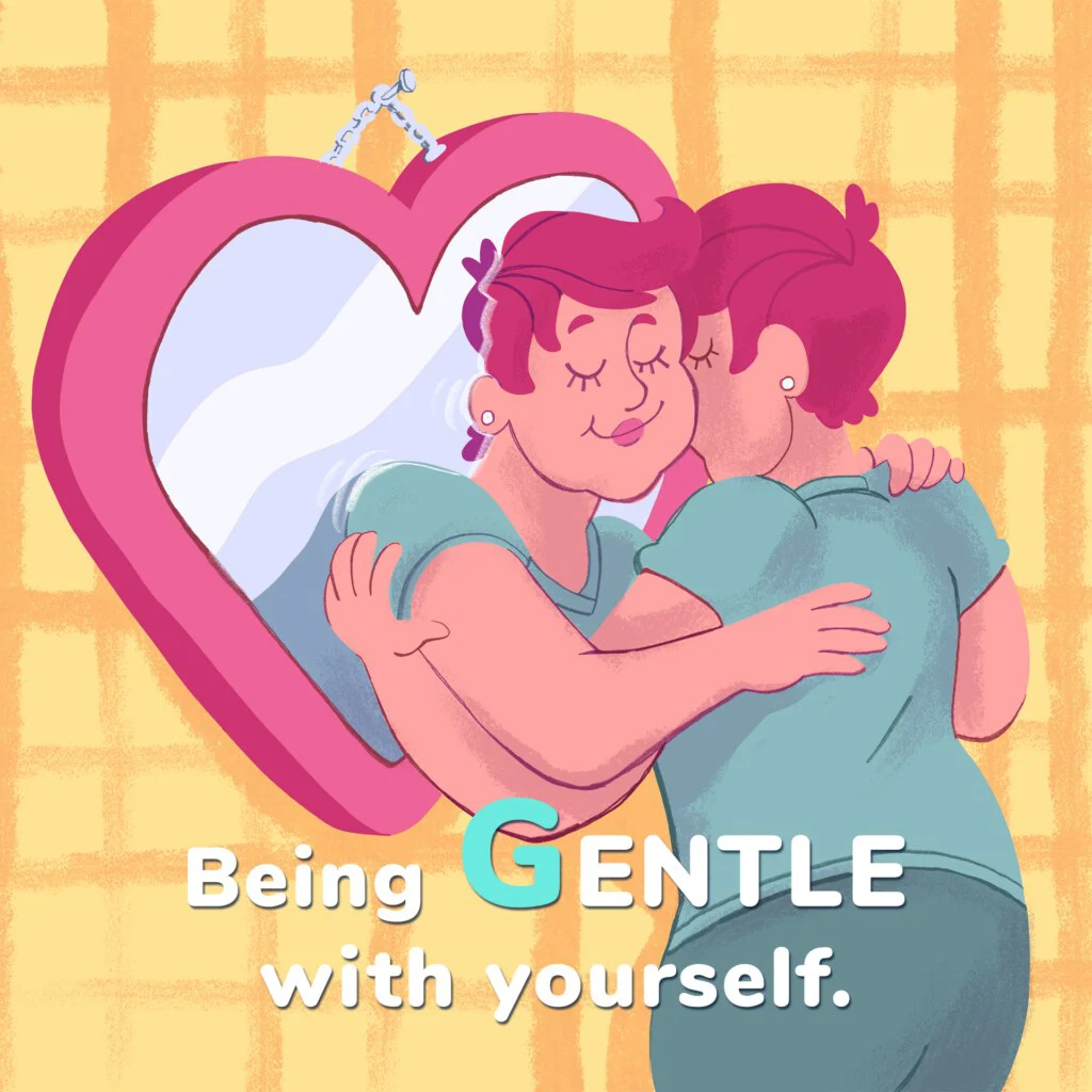 Person hugging their own reflection in a heart-shaped mirror, eyes closed, with the words “Being gentle with yourself”