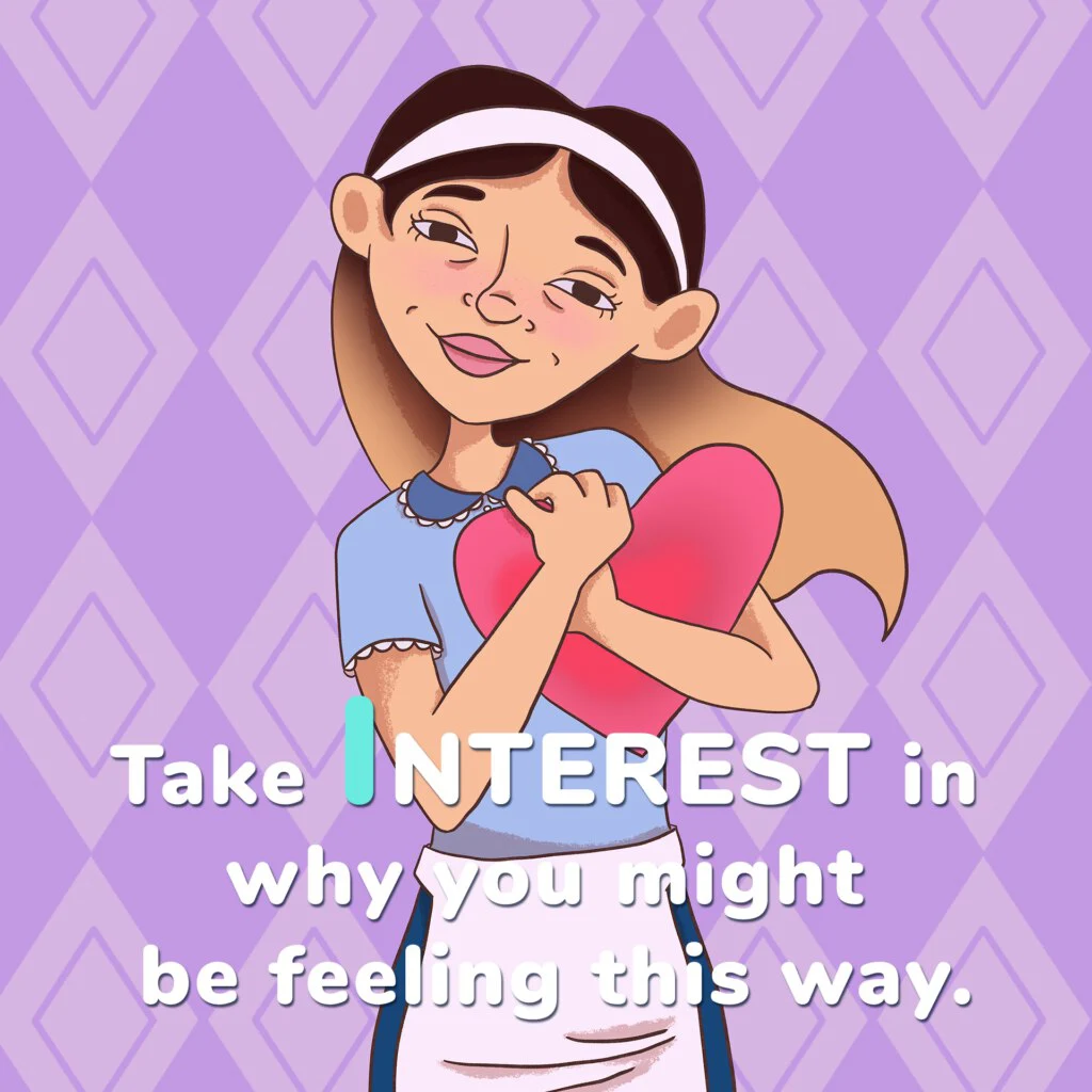 Illustration of a young girl hugging a heart against a purple patterned background with the text encouraging taking interest in why you might be feeling this way