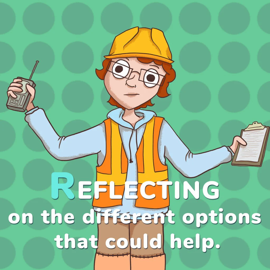 Illustration of a construction worker holding a radio and clipboard, with text about reflecting on different options that could help