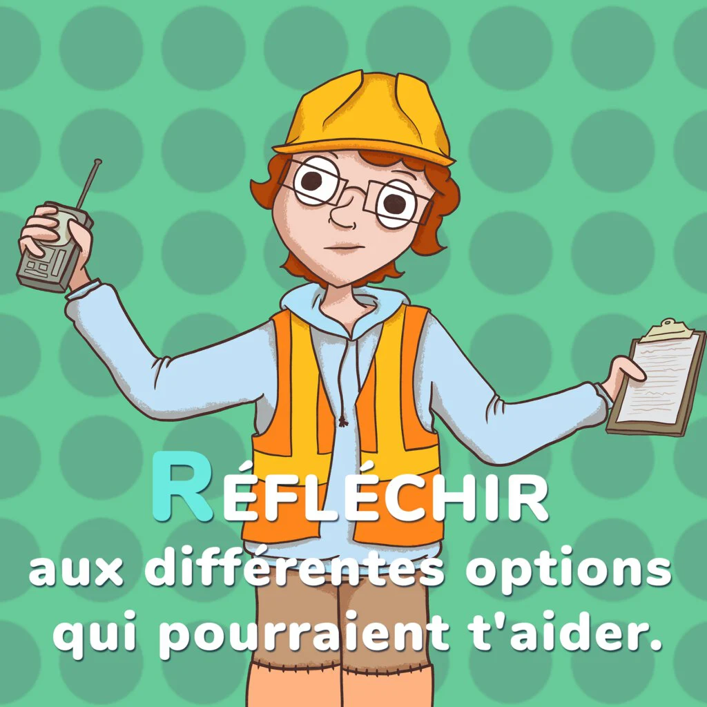 Illustration d’un travailleur de la construction tenant une radio et un porte-bloc, avec un texte sur le fait de réfléchir aux différentes options qui pourraient aider