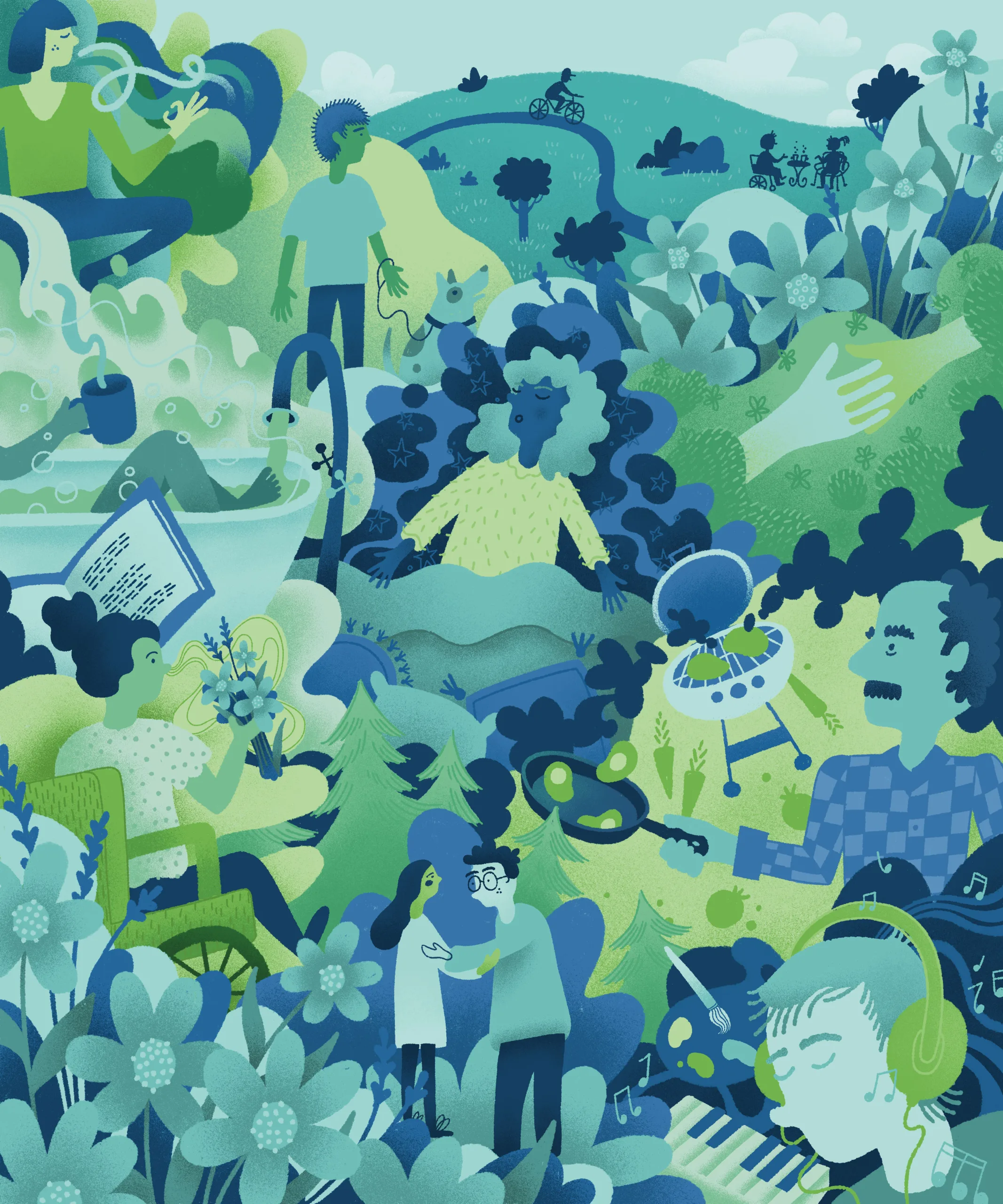 A colourful, whimsical illustration depicting various activities in a lush, green landscape. People are engaged in activities such as cycling, reading, meditating, barbecuing, playing musical instruments, and conversing, all surrounded by vibrant foliage and flowers