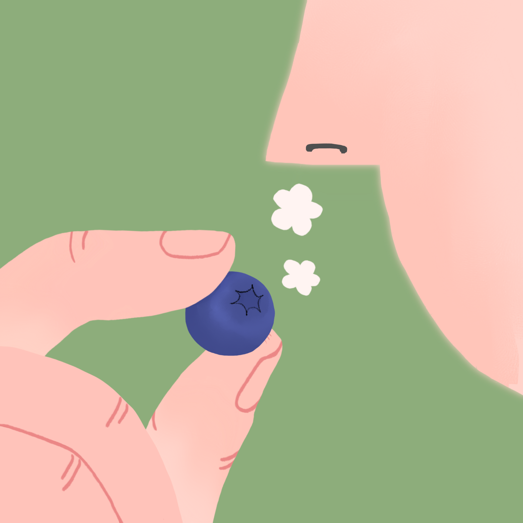 Hand holding a blueberry near a nose with small white scent puffs rising