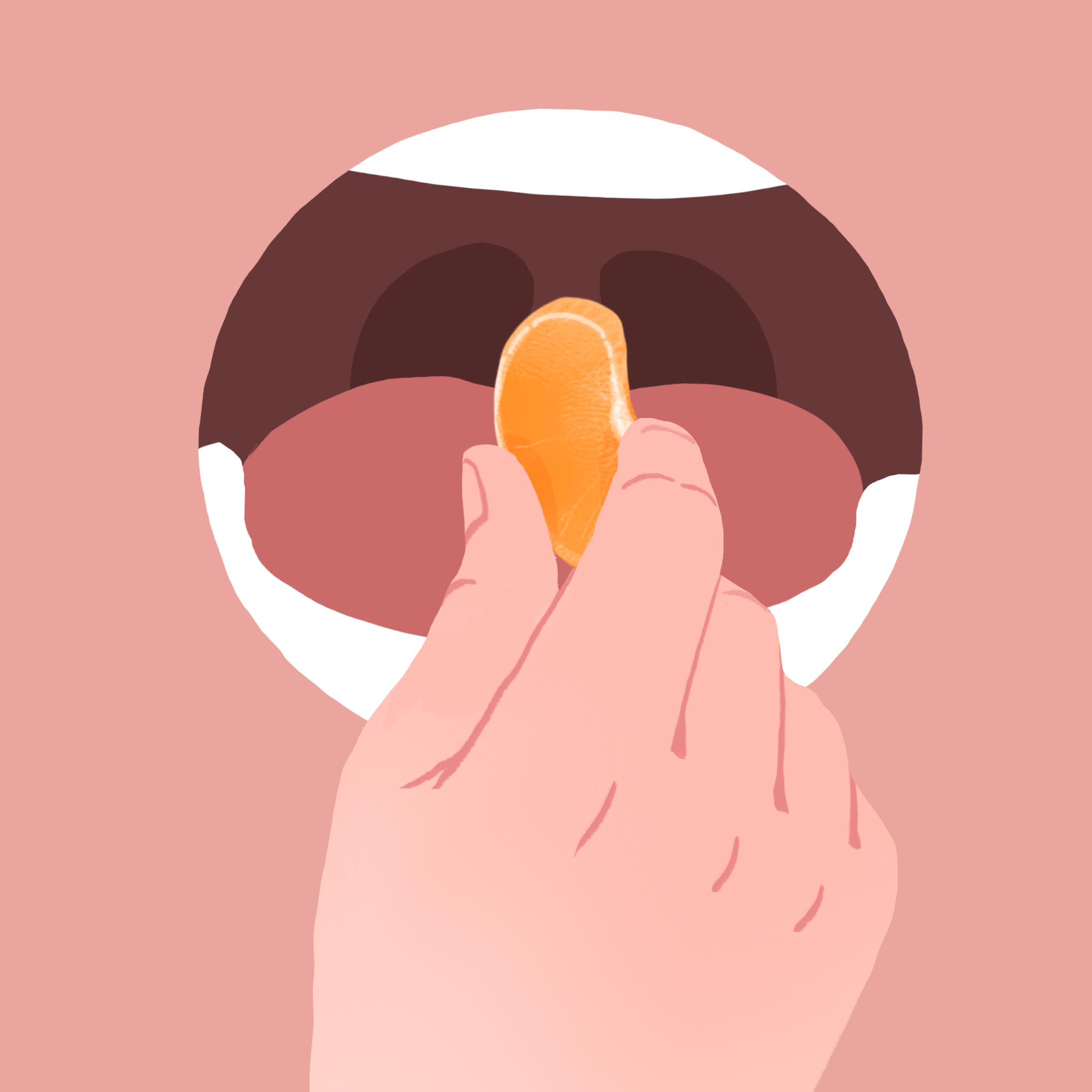 Hand placing an orange slice into an open mouth against a pink background