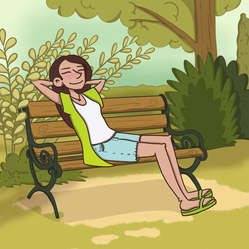 Une femme se détend sur un banc public, les mains derrière la tête, les yeux fermés, entourée d'arbres et de verdure