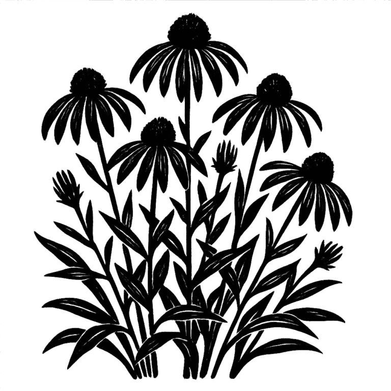 Purple coneflowers. Black-ink illustration generated by AI