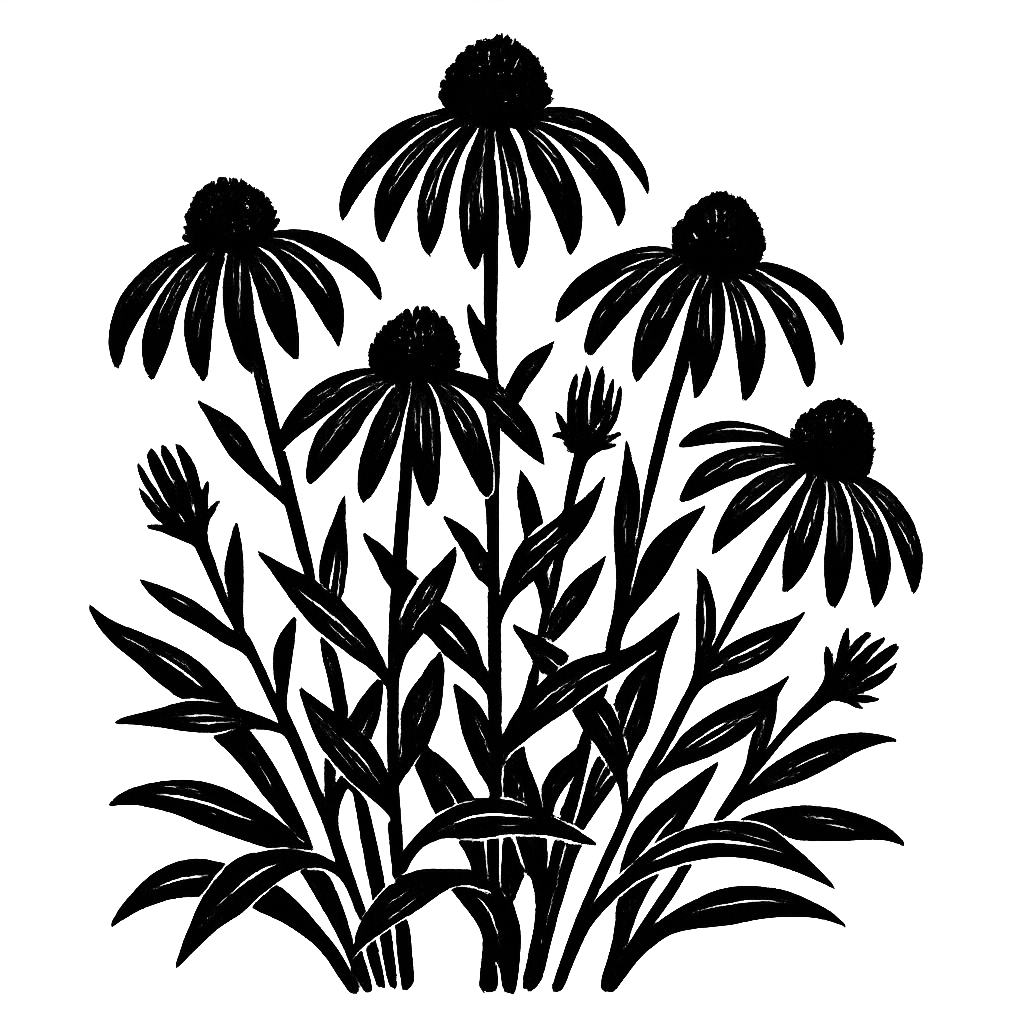 Purple coneflowers. Black-ink illustration generated by AI