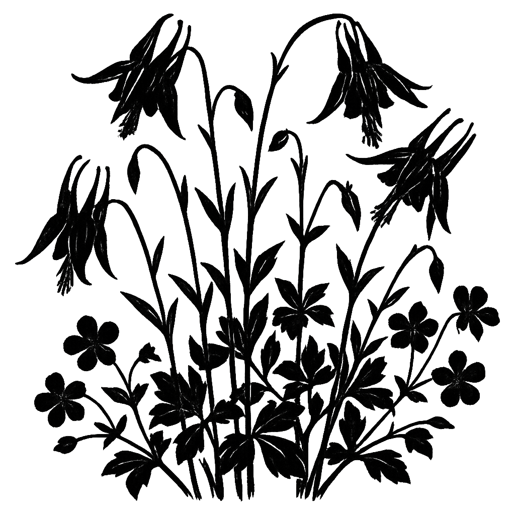 Ancolies. Illustration à l'encre noire générée par IA