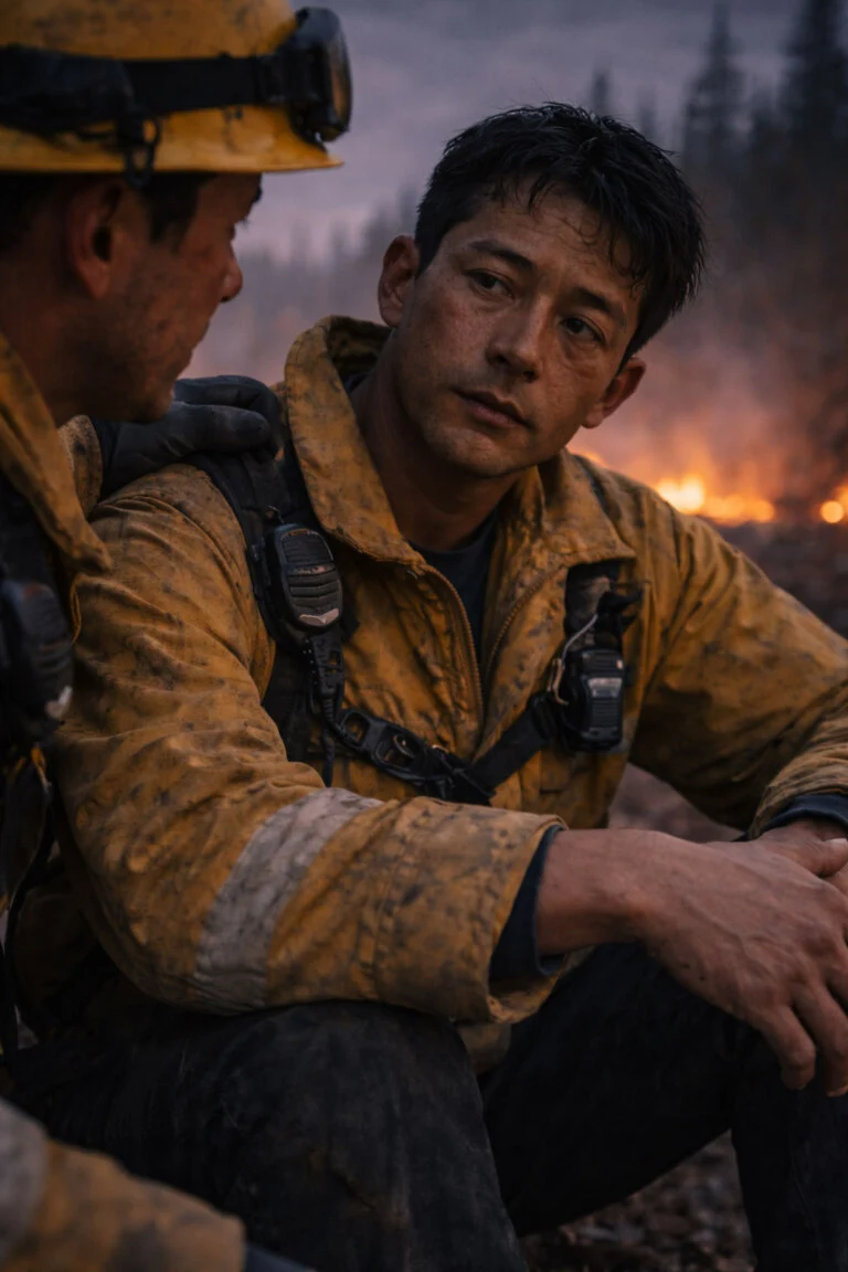 Un pompier croise le regard d’un collègue qui pose une main sur son épaule, offrant un soutien discret lors d’une intervention contre un feu de forêt.