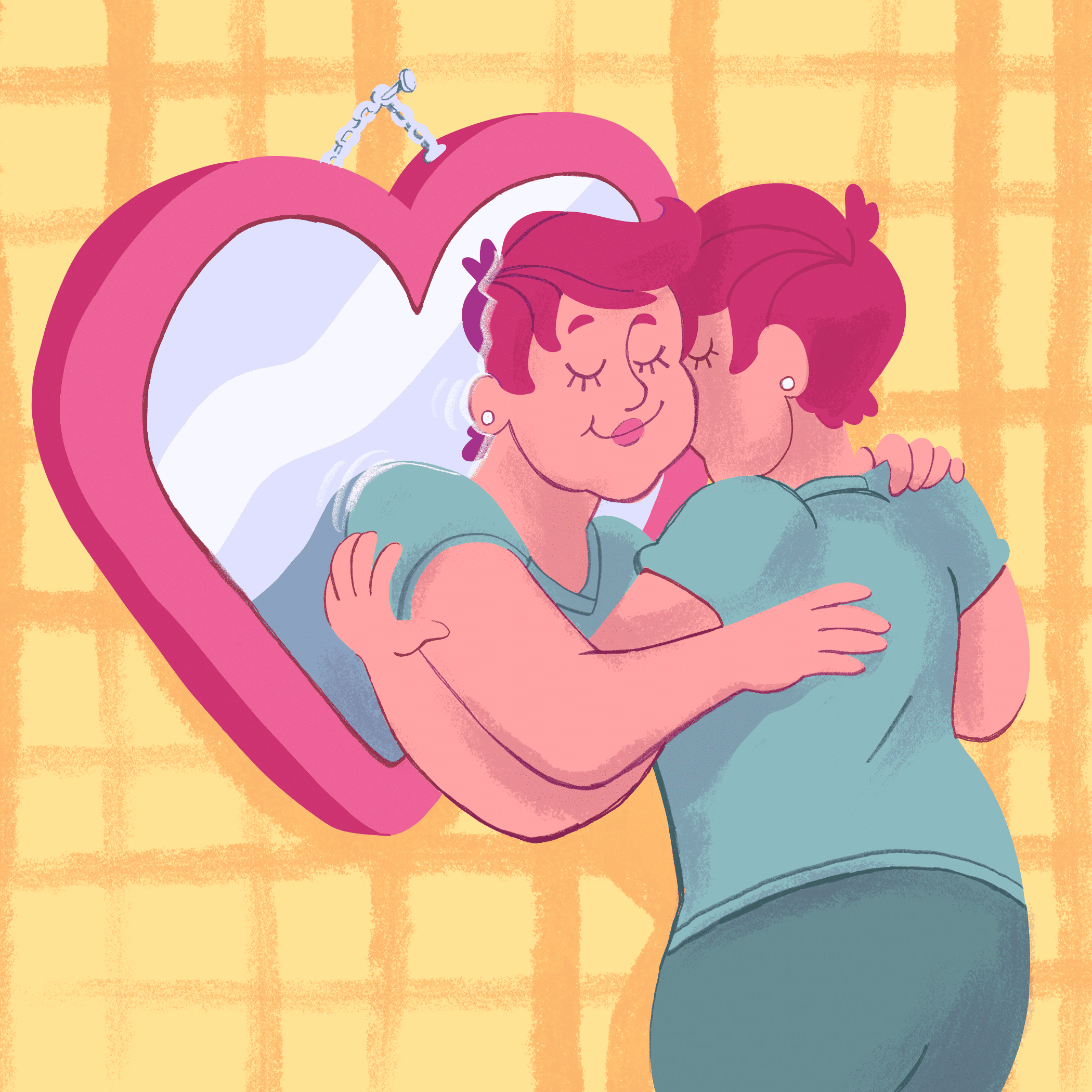 Illustration d’une personne se prenant dans ses propres bras devant un miroir en forme de cœur, avec le message encourageant à être gentil avec soi-même