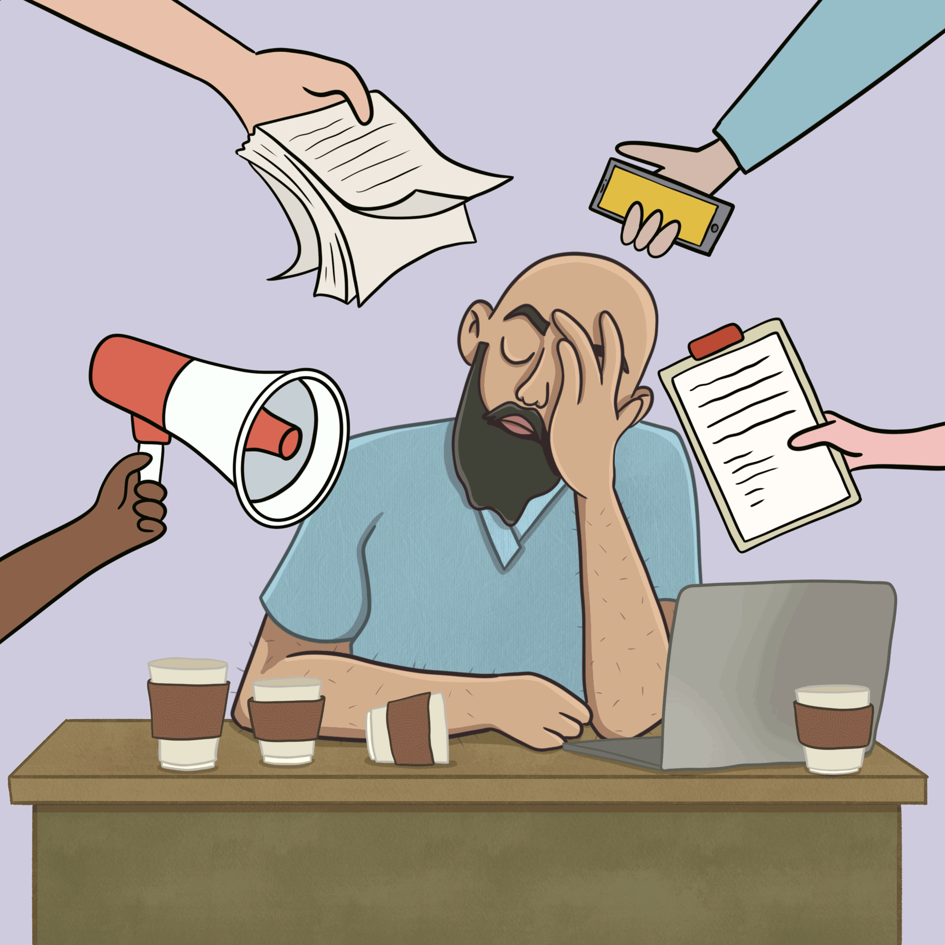 Illustration of a harried man sitting at his desk, overwhelmed by work tasks