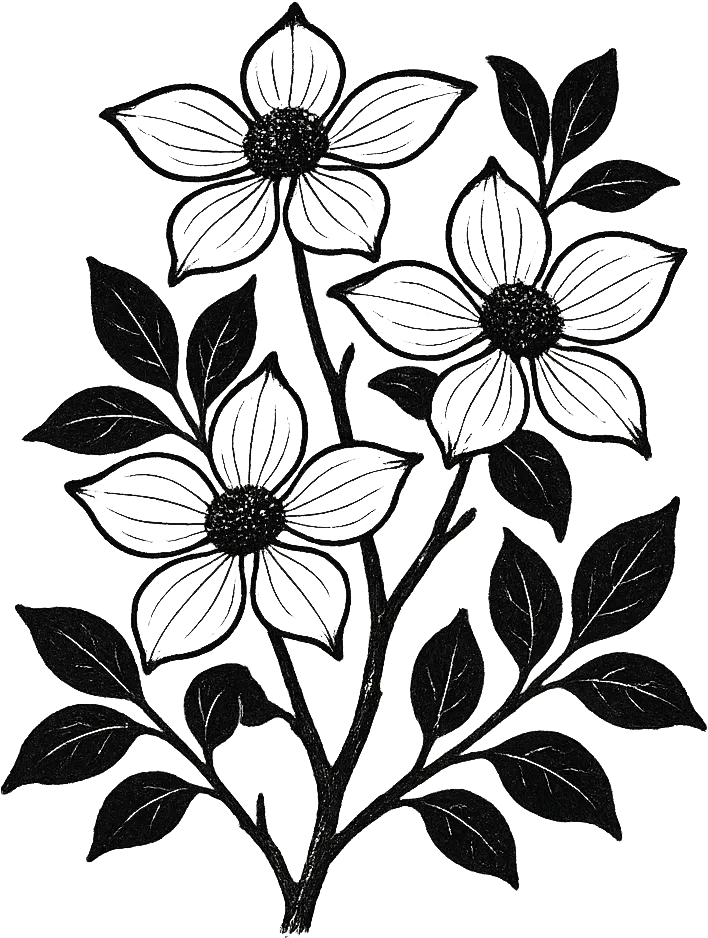 Illustration en encre noire de cornouiller du Pacifique, la fleur provinciale de la Colombie-Britannique. (Généré par IA)
