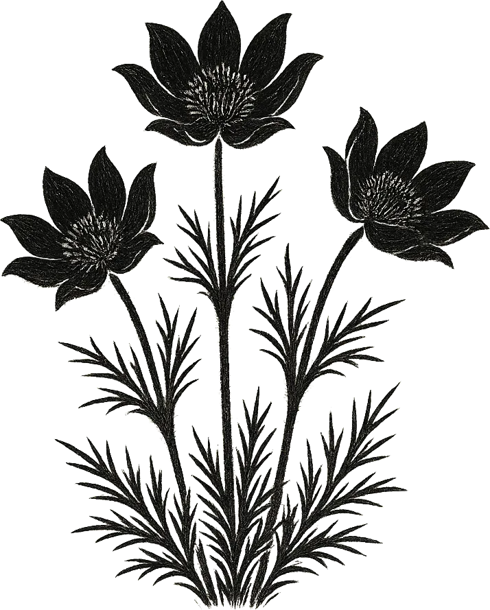 Illustration en encre noire de crocus des prairies, la fleur provinciale du Manitoba. (Généré par IA)