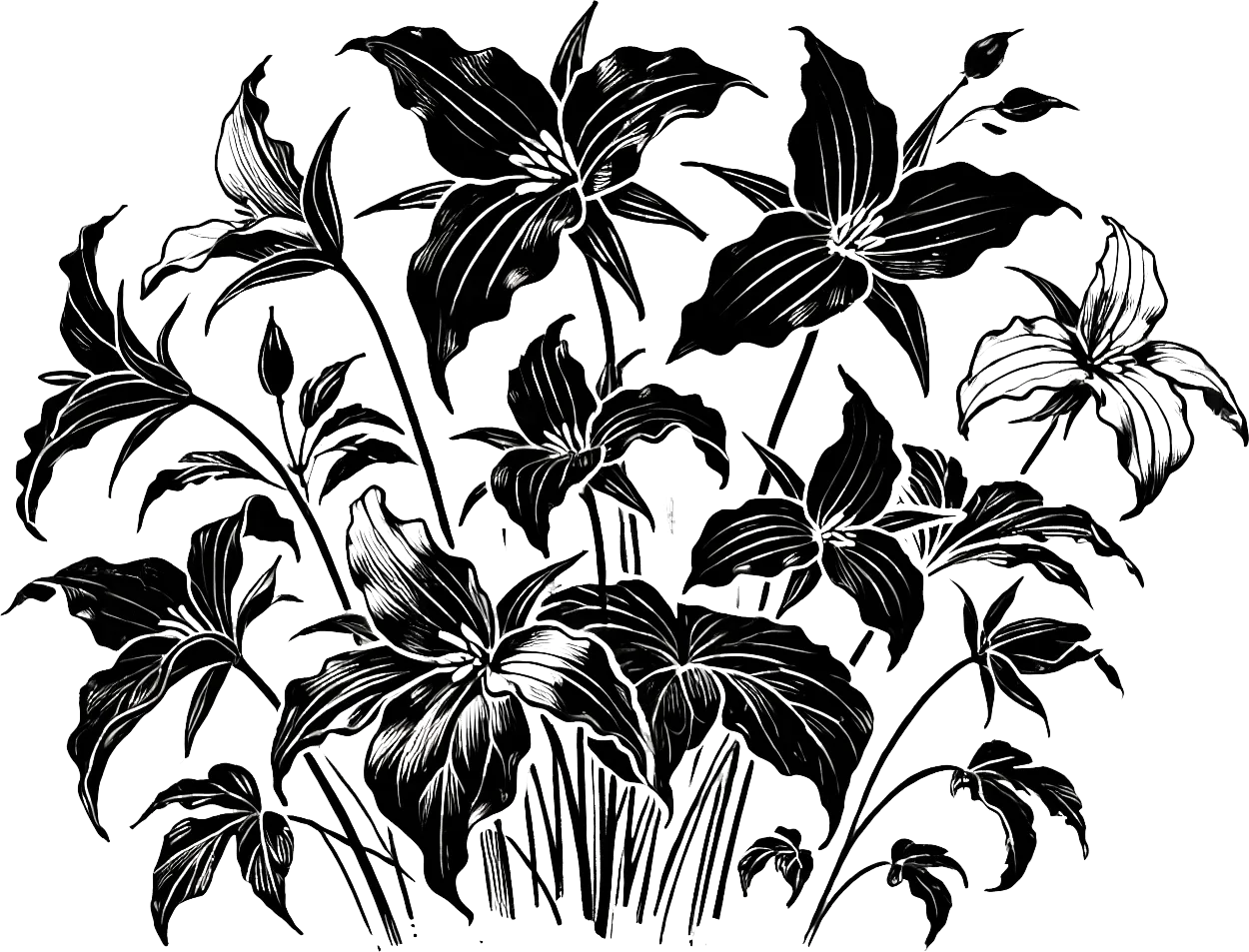 Illustration en encre noire de trilles, la fleur provinciale de l'Ontario. (Généré par IA)