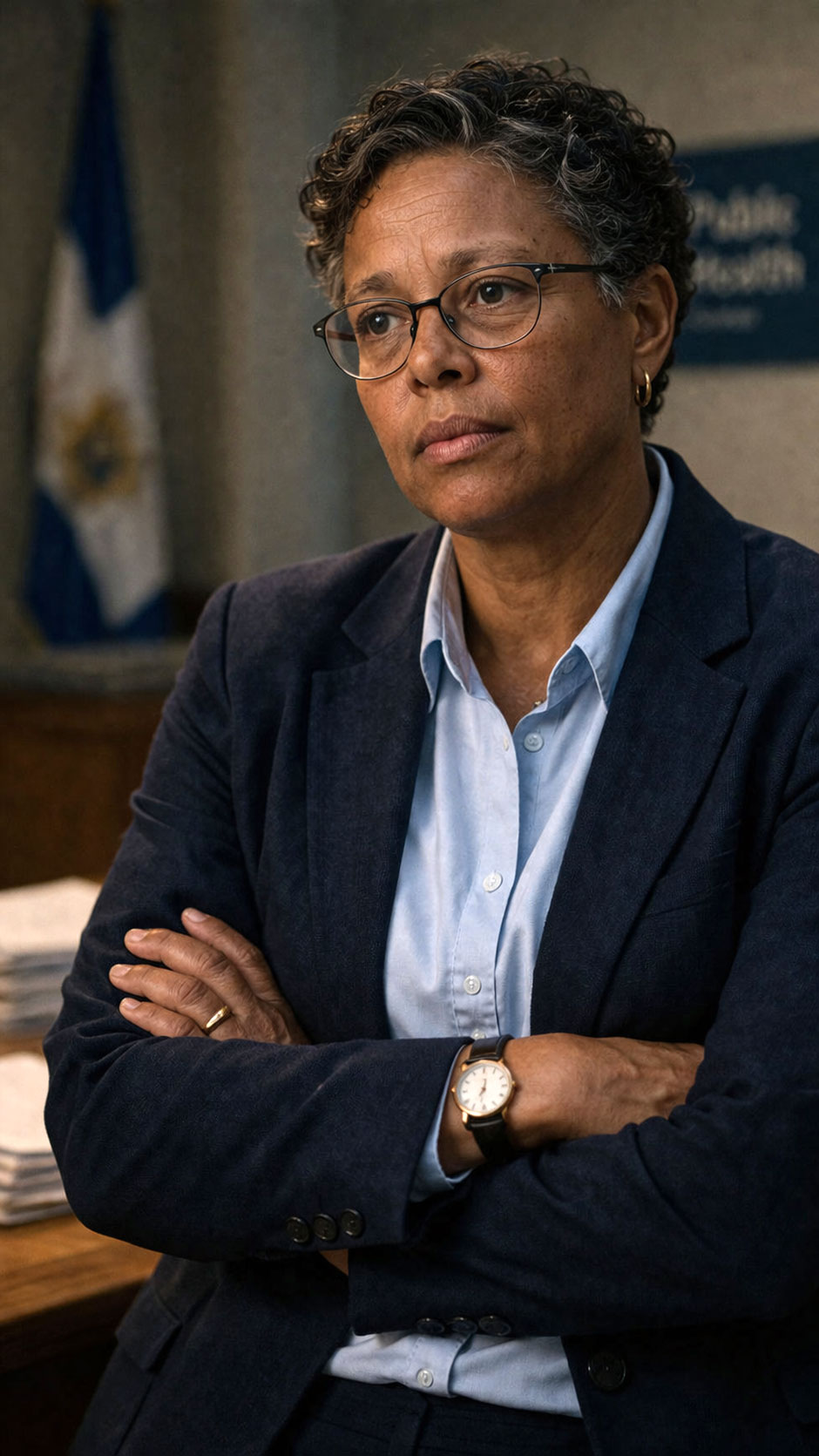 A public health official, who is a middle-aged black woman with short hair and eyeglasses, stands in her office with her arms crossed