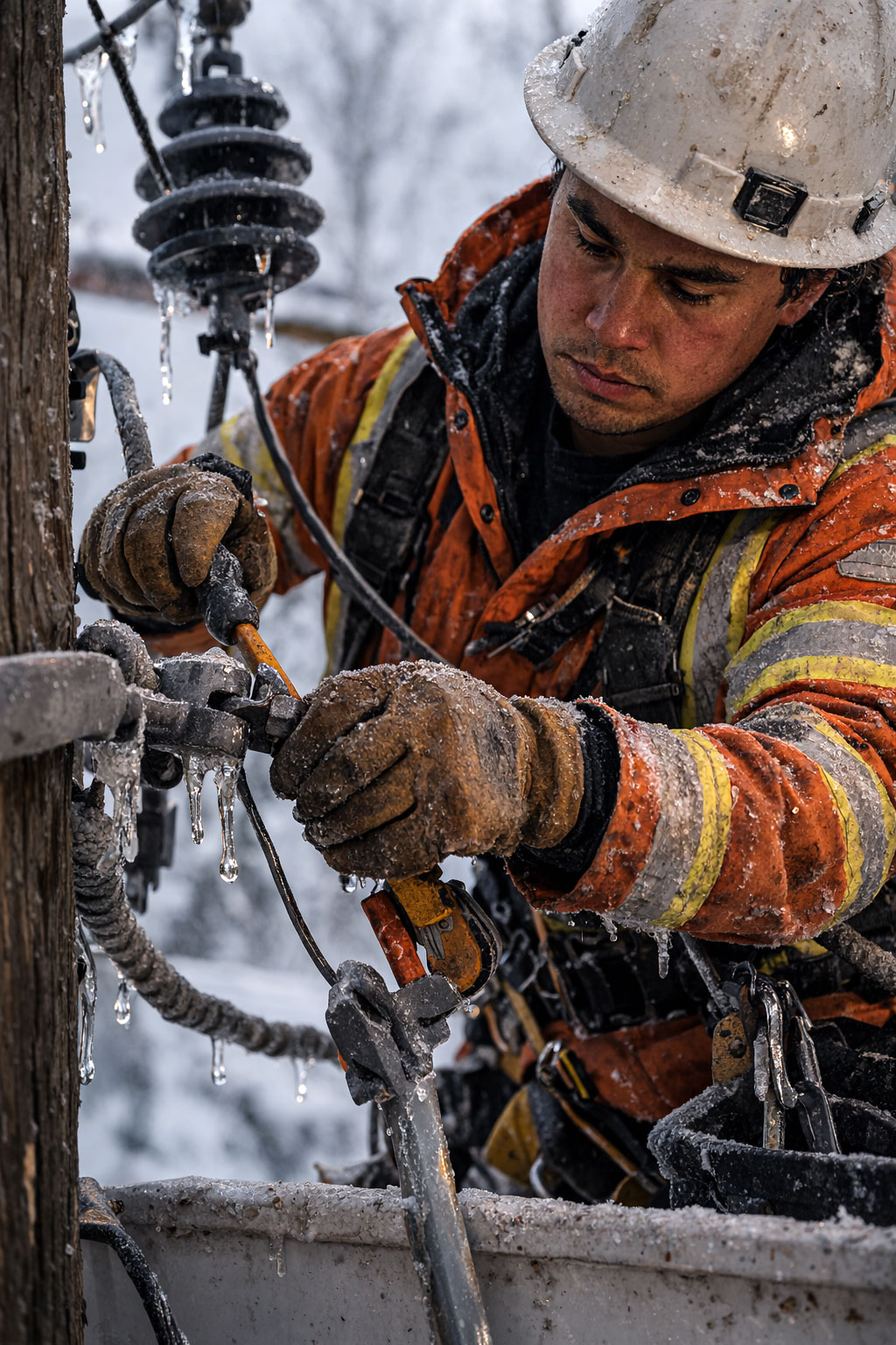 A power line technician works in icy conditions to repair equipment