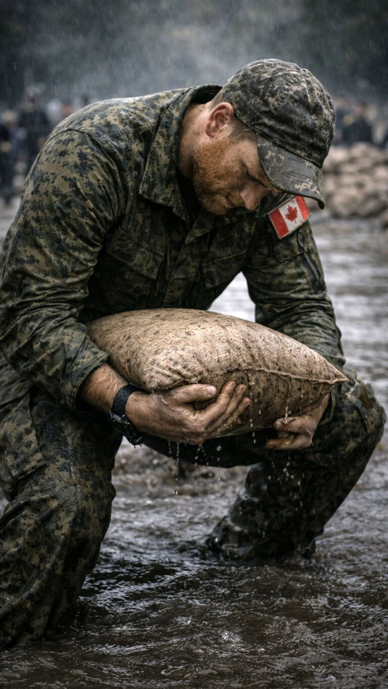 A CAF reservist lifts a heavy sand bag while standing in flooded water