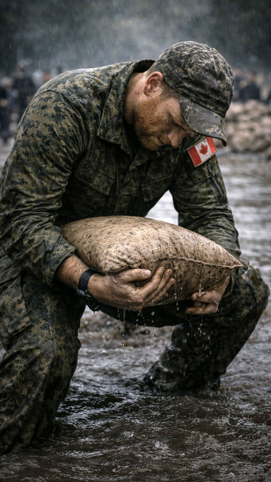 A CAF reservist lifts a heavy sand bag while standing in flooded water