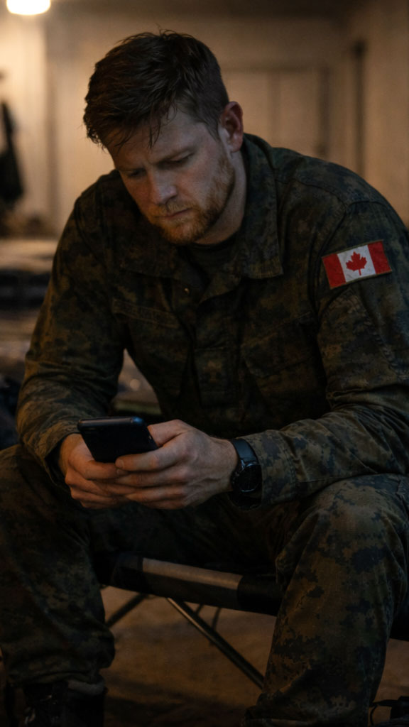A Canadian Armed Forces reservist, exhausted at the end of a work day, sits quietly while regarding his phone
