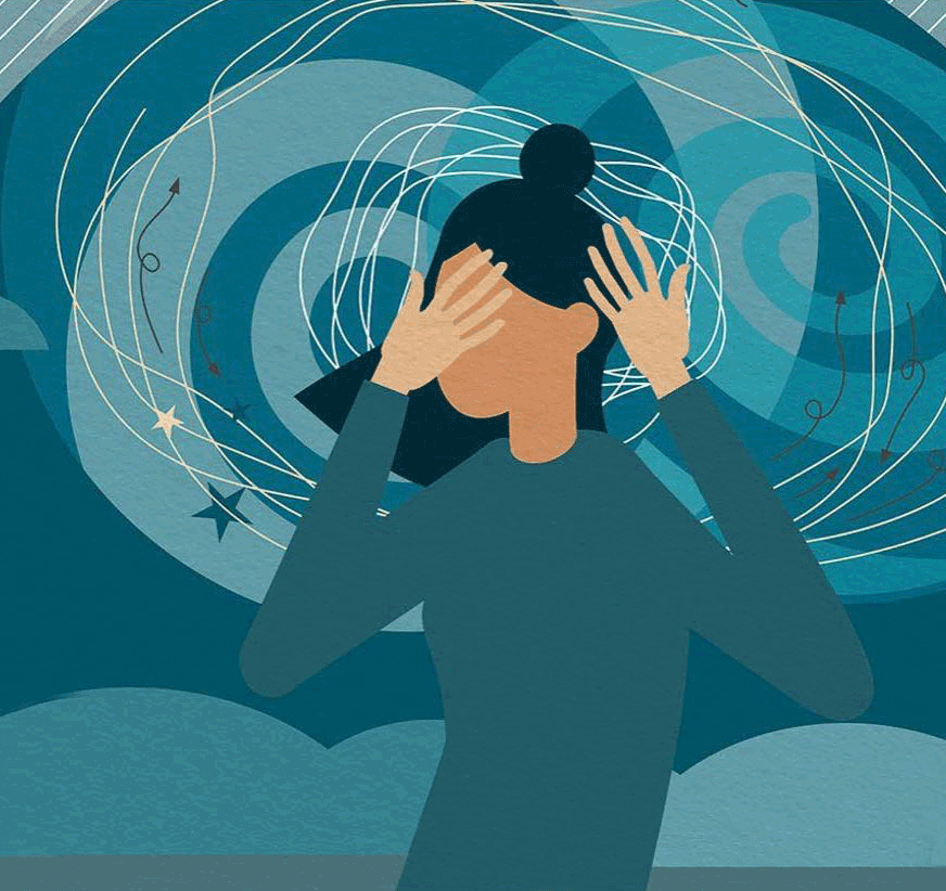 A stylized illustration of a person with dark hair in a bun, holding their head with both hands, surrounded by swirling lines and abstract shapes. The background is a mix of blues and greens, suggesting a sense of confusion or overwhelm